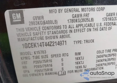 2004 Chevrolet Silverado 1500 Z71 из США, поврежденный, VIN 1GCEK14T44Z214971